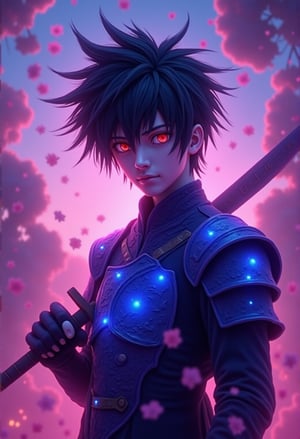 In this breathtaking photograph, a majestic young man with striking red eyes and spiky black hair stands confidently amidst a whimsical atmosphere. He dons glowing blue and purple armor, its delicate plates glistening in the twilight. Cherry blossoms gently float down from above, blending seamlessly with the foggy backdrop. His face, illuminated by studio lighting, turns towards the viewer, radiating an air of mystery. Holding his sword with electrical arcing, he exudes elegance and power. The overall effect is a photorealistic masterpiece that transports us to a fantastical realm.Anime 3D CGI-ABM,FluxBoost