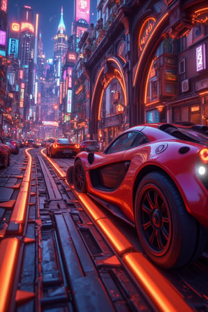 Suspension of excitement: A 3D cartoon illustration depicts a futuristic racetrack hovering above the sprawling metropolis, its neon-lit streets aglow like a canvas of possibilities. Sleek, high-tech vehicles zoom by at breakneck speeds, their curves and lines blurring as they hurtle forward. The city's dazzling lights below cast an otherworldly glow, a mesmerizing backdrop that seems to pulse in harmony with the racing machines.