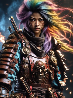 Very beautiful steampunk samurai women, (((with multicolors hair))), steampunk samurai outfit and weapon, masterpiece, dramatic, best quality, Detailed and ultra realistic, sharp focus, studio lighting, High resolution, High detail, remarkable color,BcyPgA, samurai