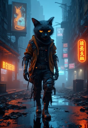 a sad black cyborg robot cat wearing torn clothes, walking in a broken and abandoned futuristic neon machine city with an otherworldly and sad demeanor, set in a dystopian world, with a 4K resolution. Includes a broken clock tower and a broken holographic billboard with faded advertisements in the background. The art styles are inspired by Simon Stalenhag, Frank Frazetta, Beeple, Greg Rutkowski, Yoko Taro, Christian Macnevin, Wlop, and Krenz Cushart. The scene includes epic fantasy character art, volumetric outdoor lighting, a rainy night atmosphere, high fantasy elements, and is reminiscent of CGSociety's highly detailed realistic artworks. The image looks like it was rendered in Unreal Engine, with a cinematic feel and dramatic lighting, perfectly intricate, similar to a Blender render, with reflections of the rain on the robot's cat metallic surface, and puddles on the ground reflecting neon signs. ElectDreDysto,