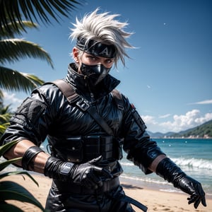 (masterpiece), full_body,1man, spiky hair, white hair, wearing fit tactical ninja flak jacket, leather tactical ninja full mouth mask, leather gloves, and his (((tactical headband with a letter ("A") symbol))), scenery, (at beach background), sparkle, Kakashi Hatake