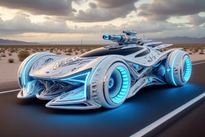 Captured at eye-level on a vibrant day, a sleek, futuristic looking vehicle is parked on a paved road. The vehicle is adorned with blue lights, adding a pop of color to the otherwise monochromatic scene. The car is positioned in a way that creates a striking contrast to the dark road. In the background, a desert landscape can be seen, with a mountain range in the distance. The sky is a mix of gray and white clouds, adding depth to the scene.,Hightech Car