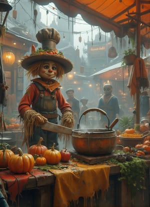 A scarecrow with a straw hat and a chef's hat stands at a bustling market stall, chopping vegetables and stirring a simmering pot. The scarecrow's face is focused and determined, its hands quick and skilled as it prepares a delicious meal. Behind it, a vibrant market scene unfolds, with stalls selling fresh produce and handmade goods. The scarecrow's hat is adorned with a collection of kitchen utensils and spices, symbols of its love for cooking and the joy of creating delicious dishes for others to enjoy. DarkHalloween,justart01,cartoon art,Fantasy detailers 