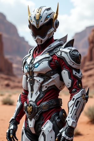 In a breathtaking 8x-UltraSharp upscaling ultra-realism portrait of wide full body image of a male character protagonist, wearing a detailed, apex techwear futuristic half white and red sentry armour, semi-armored suit, apex high-tech mask helmet and a visor, and a sleek belt with a black and gold pegasus emblem, metallic textures, glowing blue highlights, standing heroic against a desert canyon background. intricate details, ultra-realism details, 32k, Super High definition, Vibrant Colors, Ultra Smooth, ultra-realism, cinematic shot, dreamwave, aesthetic,sentry armour