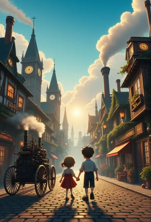 A whimsical townscape unfolds as a boy and girl, hands clasped together, stroll side-by-side through the misty streets. Steeples and clock towers rise from the cobblestone roads, where steam-powered carriages rattle by, their hissing pipes spewing wisps of vapor. The sun casts a warm glow, illuminating intricately detailed buildings with copper accents and wispy smoke curls rising from chimneys. A low-angle view captures the sense of adventure as the pair explores this fantastical world, where gears and cogs meet ancient magic.Anime Ghibli Style