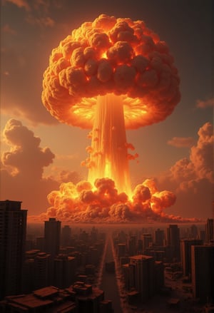 A massive mushroom cloud rises in the distance, the result of a nuclear detonation. The shockwave spreads through a nearby city, shattering buildings and incinerating everything in its path. The ultra-realistic scene is frozen in the moment of impact, with detailed debris and burning rubble flying through the air. FluxBoost,CGI 3D Animation,Fantasy detailers,beksinskiart