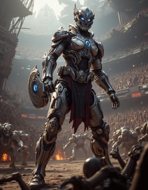 In a vast, high-tech arena filled with roaring crowds, gladiators in powered armor battle advanced robots and alien beasts. dynamic pose,