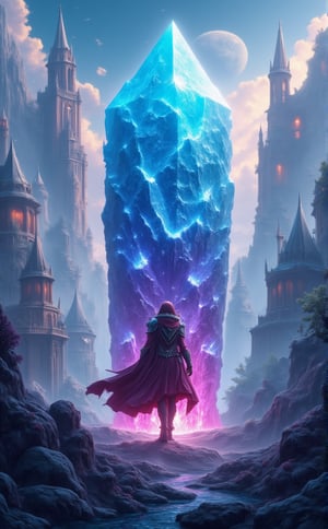 Armored heroine standing in front of a massive, glowing crystal, with crystal-clear reflections and a highly detailed fantasy cityscape in the background. dynamic pose, dynamic angle shot,Imp'roveBG