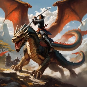 A samurai fighting a big dragon have pair of wings in a medieval painting style.,action_pose, knight&dragon