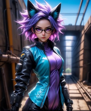 full body view of a realistic cyberpunk assassin girl with fox ears, wearing a cyan purple jacket and glasses, in an abandoned factory setting, featuring nekro xiii style, goth makeup with black lips and eyeliner, in a realistic anime art style with multicolor hair, fantasy elements, steampunk, ultra detailed, ultra quality, wide-angle lens, ultra realistic, with dramatic polarizing filter, vivid colors, sharp focus, HDR, UHD, 64K, 16mm, color graded portra 400 film, remarkable color, ultra realistic, detailed background,The Guyver, Kentaro Miura,art_booster,ABMavatar