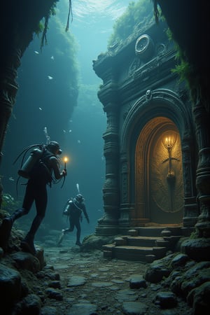 In a mesmerizing extreme close-up view, two scuba divers descend into an underwater realm, surrounded by ancient ruins hidden within the depths of a crystal-clear ocean. The camera captures every intricate detail as glowing fish swim lazily in the background, while submerged statues bear intricate carvings that seem to radiate a soft glow. The divers' flashlights illuminate a large, mysterious door covered in barnacles and centuries-old seaweed, beckoning exploration and discovery beneath the waves.