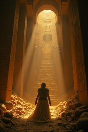 In a cinematic low-angle shot, the camera gazes up at a secret chamber within an ancient pyramid. The wall behind is adorned with intricate hieroglyphics, symbols of mystique and power. The air is thick with fantasy and adventure as the subject stands proudly, bathed in warm golden light. Every detail is meticulously rendered: high-contrast textures, crisp landscape features, and sharp focus from foreground to background. The image bursts with ultra-realistic clarity, a true masterpiece of epic fantasy art.