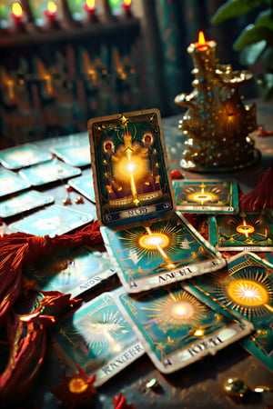 A dramatic scene where a Tarot reader reveals a significant card, with shadows and light playing across the detailed illustrations of the cards. EpicFantasy,H-Q hyperrealistic, 