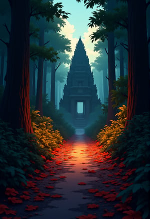 Close-up of a dark, muddy trail littered with fallen leaves, leading into a dense, shadowy tropical jungle with a hidden temple ruin. Enhance the fallen leaves. cartoonish 3D painting