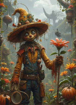 A scarecrow with a straw hat and a magnifying glass stands in a garden, carefully examining a rare and exotic flower. The scarecrow's brow is furrowed in concentration, its eyes focused on the intricate details of the bloom. Behind it, a lush garden of vibrant flowers and verdant foliage stretches out, tended with care and attention by the scarecrow's skilled hands. The scarecrow's hat is adorned with a collection of seed packets and gardening tools, symbols of its deep love for the natural world. DarkHalloween,justart01,cartoon art