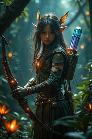 In a cinematic close-up, a breathtaking elf archer is framed at a low angle amidst the lush, dark depths of a tropical jungle. Glowing flowers and plants surround her, as she holds a stunning, 1.5-meter long crystal bow with vibrant, glass-like colors. Her face, a masterpiece of beauty and perfection, is rendered in ultra-realistic detail, with sharp focus and crisp textures. The background, equally detailed, features a high-contrast jungle landscape with nothing out of focus, no blur, and complete clarity. A majestic crystal sword rests by her side, as the entire scene exudes an epic fantasy art style, radiating fantasy vibes and touches.