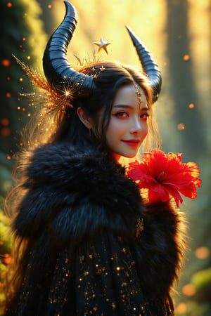 In a regal, golden-lit studio, a solitary female figure stands with piercing brown eyes directly addressing the viewer. Raven-black locks cascade down her back, adorned with a delicate hair ornament sparkling like stars. Subtle fur trim accents her upper body as she cradles a vibrant red flower in her hand. A subtle smile curves her parted lips, while small horns peek out from beneath flowing tresses. The blurred background creates a shallow depth of field drawing attention to striking features and the whimsical touch of delicate hair flowers.EpicFantasy