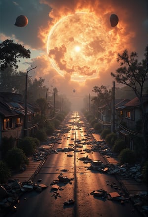 A catastrophic scene unfolds: a tranquil town ravaged by a colossal meteor's impact. Brilliant daylight casts an eerie glow on shattered buildings, fragments strewn about like jagged puzzles. Trees lay uprooted, their limbs twisted in agony, while roads gape open like chasms of broken dreams. In stark contrast, the sun beats down relentlessly, its radiance underscoring the devastation's scale. Every detail of destruction is meticulously captured: shattered roofs, splintered fences, and debris-strewn streets, all frozen in an ultra-detailed snapshot of suburban chaos.