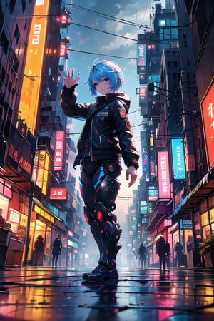digital art piece of a humanoid robot stands tall, its orange head and large black eyes surveying the desolate surroundings. Wearing a black leather jacket, it raises its right hand near its head, as if examining or waving at something unseen. The urban street is lined with neon signs and advertisements, casting a futuristic glow amidst the ruins of abandoned vehicles and dilapidated buildings. Fog swirls around the robot, shrouding it in mystery as it stands sentinel in this dystopian landscape.
,dystopian cyberpunk,photorealistic