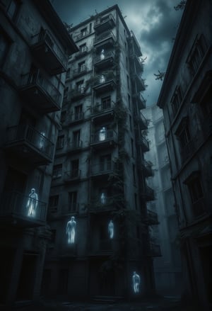 A towering condominium with multiple balconies stands eerily silent under a dark, cloudy sky. A dynamic upward shot reveals ghostly figures standing motionless on several of the balconies, their transparent forms barely visible in the dim light. The building's walls are cracked and weathered, with vines crawling up its sides. The camera zooms in slowly as the ghostly figures seem to multiply, watching silently as if waiting for something to happen. The wind blows through the empty corridors, creating an ominous, haunted atmosphere.FluxBoost,Midjourney_Whisper,FluxBoost,Midjourney_Whisper