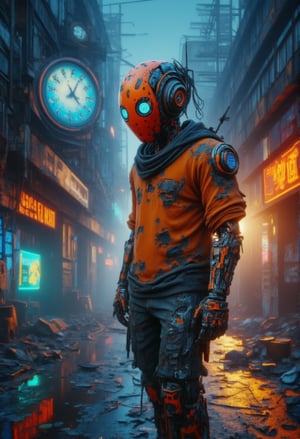 a sad orange and black cyborg robot wearing torn clothes, walking in a broken and abandoned futuristic neon machine city with an otherworldly and sad demeanor, set in a dystopian world, with a 4K resolution. Includes a broken clock tower and a broken holographic billboard with faded advertisements in the background. The art styles are inspired by Simon Stalenhag, Frank Frazetta, Beeple, Greg Rutkowski, Yoko Taro, Christian Macnevin, Wlop, and Krenz Cushart. The scene includes epic fantasy character art, volumetric outdoor lighting, a rainy night atmosphere, high fantasy elements, and is reminiscent of CGSociety's highly detailed realistic artworks. The image looks like it was rendered in Unreal Engine, with a cinematic feel and dramatic lighting, perfectly intricate, similar to a Blender render, with reflections of the rain on the robot's metallic surface, and puddles on the ground reflecting neon signs. ElectDreDysto,Fantasy detailers,AbmoilPainting