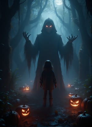 a young girl with big hell evil ghost looking blur in mist behind her back, at dark black night jungle, dramatic shadow, dark, mysterious vibe, ultra detailed, ultra realistic, DarkHalloween,GbBoost,