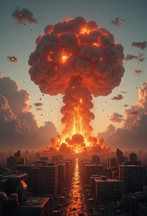 A massive mushroom cloud rises in the distance, the result of a nuclear detonation. The shockwave spreads through a nearby city, shattering buildings and incinerating everything in its path. The ultra-realistic scene is frozen in the moment of impact, with detailed debris and burning rubble flying through the air. FluxBoost,CGI 3D Animation,Fantasy detailers,