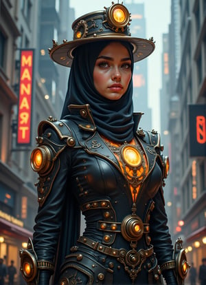  A stunning young hijab girl age 25 years old, stands confidently amidst the bustling streets of a steampunk metropolis. she wears a sleek, high-tech outfit adorned with intricate gears accesories, gears decoration, brass filigree, and gleaming glowing crystal runes that seem to pulse with an otherworldly energy. A striking high-tech futuristic steampunk hat, topped with a delicate gears mechanism, adds to his futuristic yet vintage charm. As she poses dynamically, the city's skyline with futuristic steampunk robot walking around behind his features a blend of ancient rune stones and futuristic modern machinery, generating a vibrant aura that seems to draw power from the runes.,FuturisticSteamPunk