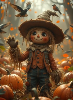 A small scarecrow with a cheerful smile and button eyes stands in the middle of a colorful pumpkin patch. Dressed in a tiny, patchwork outfit with oversized gloves, it waves a straw hand at passing birds. The warm sunlight highlights the textures of the hay, while a gentle breeze playfully rustles its floppy hat. DarkHalloween,justart01,Fantasy detailers,