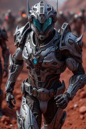 A space marine warrior clad in gleaming power armor, its cerulean visor aglow with tactical data, charges forward amidst the crimson-hued haze of an alien battleground. The rust-red soil beneath is scarred by the scuttling creatures' twisted forms as they writhe in agony, their darkened eyes fixed on the unwavering marine's unyielding determination to vanquish the extraterrestrial threat.