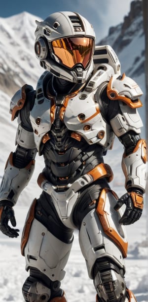 (best quality, 8K, high-resolution, masterpiece), ultra-detailed, The image shows an sleek high tech astronaut suit in a explosion fire snowy mountain at alien environment background, holding a weapon. The robot has a white body with dark orange accents and is equipped with a large white blaster. dynamic angle shot, cinematic, film lighting, dramatic, ultra quality, ultra realistic, sharp focus, studio lighting, remarkable color,bl1ndm5k,Nanosuit exoskeleton