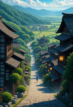 A serene morning scene in a charming Japanese village. A winding street lined with ancient wooden houses, their ornate facades adorned with paper lanterns, stretches into the distance. Traditional thatched-roof homes, surrounded by lush greenery, dot the landscape. Soft sunlight casts long shadows, highlighting the rustic charm of this idyllic setting.Anime Ghibli Style, 