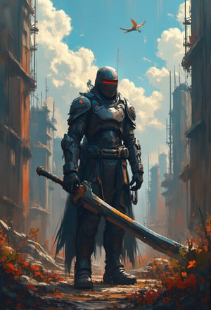 hero wear a mecha armour suit with sleek futuristic high-tech design inspired by Makoto Kobayashi, holding a super massive high-tech great sword. standing heroic at ruin and broken collapes skyscrapper city
 cartoonish 3D painting,justart01