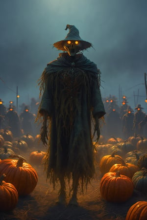 (dynamic_pose), In the heart of the pumpkin farm, a lone scarecrow stands tall, its body made of tattered rags and straw, its eyes glowing with an otherworldly power. As the fog thickens, the scarecrow's true form is revealed - a monstrous creature, ready to defend its home at all costs., ((Crow flying around)), foggy, ultrarealism, cinematic, ultra high definition, hyper realistic, high detailed, 8K, intricate details, artstation, wallpaper, official art, splash art, sharp focus, (Slightly Cinematic), SAI Enhance, cinematic still, beautiful and aesthetic:1.2), extremely detailed, (fractal art:1.2), colorful, highest detailed, (zentangle:1.2), (many colors:1.4), highly detailed, high budget, bokeh, cinemascope, epic, gorgeous, film grain, grainy, breathtaking, award-winning, professional, highly detailed, dark atmosphere, neon lights, digital painting, concept art, smooth, sharp focus, illustration, hyperrealistic, photorealism, octane render, dripping paint, 3d style, 3d, 4_fingers, no_fingers,
,HellAI,