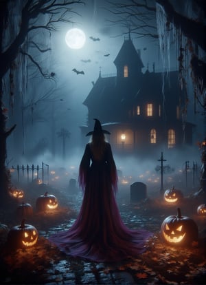 A hauntingly beautiful scene unfolds as a gothic witch stands tall in front of a haunted house aglow with flickering jack-o'-lanterns under a full moonlit sky. The atmospheric fog shrouds graveyards where skeletons rise from the ground, surrounded by twisted trees with glowing ghostly figures drifting afar. Cobwebs eerily drape from branches as spiders crawl along walls and bats flutter above. The witch's flowing black and purple cloak is meticulously detailed, with every stitch and fold evident in the crisp, high-quality image. Autumn leaves scatter the ground amidst swirling fog at her feet, setting a dark, spooky Halloween atmosphere.,DarkHalloween