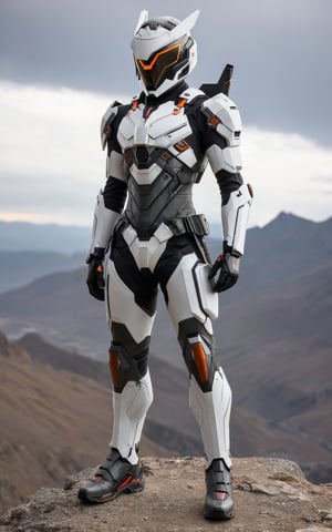 wide full_body view, The white with dark orange accents Sci Fi cyberpunk techwear high tech genesis vanguard armour suit, Sci Fi cyberpunk high tech techware (helmet like genji overwatch), high tech short horn, standing pose on mountain cliff background, rule of third, studio lighting, ultra detailed, ultra realistic, dramatic, sharp focus, remarkable color, GVA Armour Suit,cyberpunk style,More Reasonable Details