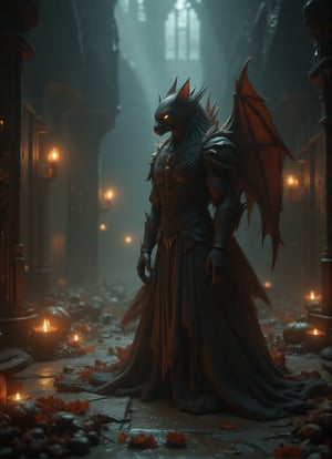 A highly detailed, Victorian-style vampire bat-human hybrid with flowing dark robes, standing in a candlelit gothic cathedral. The bat's wings fold elegantly around its body like a cloak. Shadows play across the walls, adding depth to the intricate gothic architecture around it. GbBoost,Angelic Knight,10xRFBoost,DarkHalloween