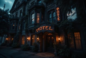 A close-up shot of the front entrance of a decaying, grand haunted hotel. The camera focuses on the rusted, creaking hotel sign swaying ominously in the wind. The cracked windows reflect the dark storm clouds gathering above, and faint flickers of lightning illuminate the grim facade. Shadows seem to shift behind the curtains, creating an unsettling tension as the wind howls through the empty street.FluxBoost,Midjourney_Whisper