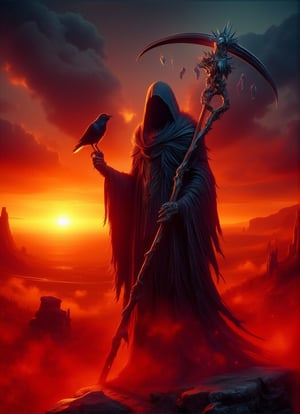 A cloaked grim reaper wielding an ominous weapon stands amidst a fiery landscape at sunset. A small raven is perched on their arm, and both are surrounded by an aura of mystery and power. fantastical, ultra-realistic 8K HD, LDR, movie still, with depth of field, ultra-sharp focus, ultra-resolution, ultra-texture, ultra clarity, ultra-intricate details in both foreground and background, ultra-high definition, cinematic lighting,GrmreaperABM