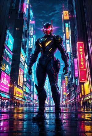 anime gestural abstraction, brushstroke artwork of a futuristic cityscape with neon-lit skyscrapers and cooler tones for the holographic advertisements, featuring a dynamic solo shot of a young man in high-tech tachwear mecha helmet and multicolored mane, highlighted by cool, blue light on his piercing eyes and chiseled features, in an empowering pose amidst the steel and concrete jungle, inspired by artists like Jackson Pollock and Franz Kline, Low Angle Shot
,dystopian cyberpunk
