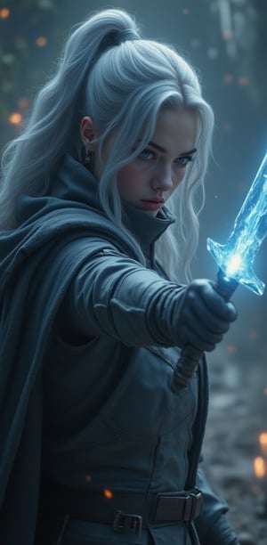 A majestic silver-haired warrior assumes a fierce fighting pose, radiating power as she wields a shimmering transparent glass crystal sword. The dynamic composition captures her in mid-stride, with the crystal sword's gentle glow illuminating her determined expression and striking a bold contrast against the surrounding environment.