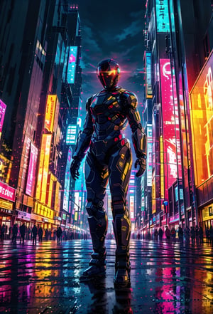 digital art piece of a Against a misty post-apocalyptic cityscape, a humanoid robot stands tall, its orange head and large black eyes surveying the desolate surroundings. Wearing a black leather jacket, it raises its right hand near its head, as if examining or waving at something unseen. The urban street is lined with neon signs and advertisements, casting a futuristic glow amidst the ruins of abandoned vehicles and dilapidated buildings. Fog swirls around the robot, shrouding it in mystery as it stands sentinel in this dystopian landscape., brushstroke, gestural abstraction,
