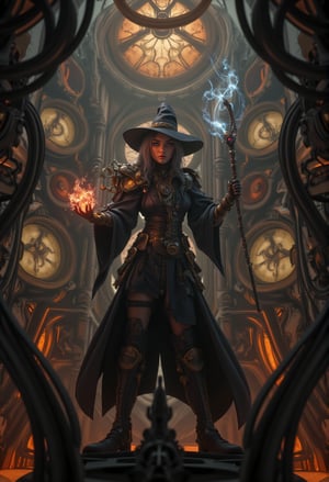 a witch in a towering, steampunk-inspired clock tower filled with gears, pipes, and alchemical equipment. She wears a combination of dark robes and brass, gear-laden armor, and wields a staff with glowing, mechanical crystals. In the background, massive clock faces and steam-powered machinery churn as she casts a spell, causing swirling sparks of energy to form around her. CGI 3D HD Animation,FluxBoost,Midjourney_Whisper