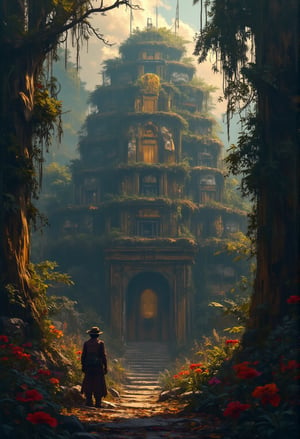 A seasoned treasure hunter stands at the edge of a dense, mystical tropical forest, face-to-face with the entrance to an ancient temple hidden for centuries. The temple’s towering structure is adorned with intricate, glimmering gold carvings, their surfaces shining through the layers of creeping vines and thick moss that have overtaken its stone walls. Tall, ancient trees loom overhead, their canopies casting dappled shadows on the ground, which is strewn with vibrant forest flowers and fallen, dried leaves. The atmosphere is thick with the scent of damp earth, as shafts of sunlight pierce through the foliage, illuminating the treasure hunter’s path toward the forgotten, golden relics that lie within the heart of the jungle's secret temple.
 cartoonish 3D painting,justart01