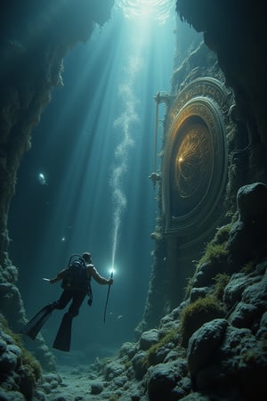 In a mesmerizing extreme close-up view, two scuba divers descend into an underwater realm, surrounded by ancient ruins hidden within the depths of a crystal-clear ocean. The camera captures every intricate detail as glowing fish swim lazily in the background, while submerged statues bear intricate carvings that seem to radiate a soft glow. The divers' flashlights illuminate a large, mysterious door covered in barnacles and centuries-old seaweed, beckoning exploration and discovery beneath the waves.