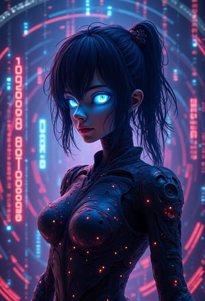 A futuristic anime figure, dressed in neon-lit armor, explores a binary metrix digital world. Framed within a swirling vortex of 1s and 0s, the cyborg's eyes glow bright blue as it navigates through a maze of glitching pixels and distorted holographic projections. The atmospheric lighting blends digital mess with real-world elements, creating a trippy fusion of futuristic cityscapes and abstract art.