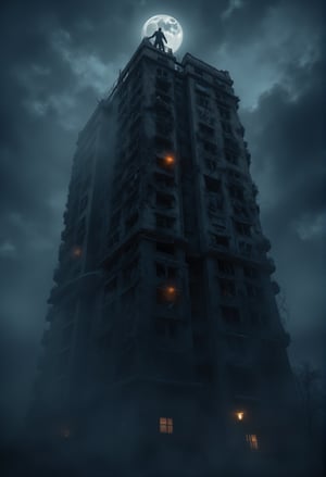 A towering, dilapidated condominium looms against the midnight sky, its windows dark and shattered. Thick, rolling fog clings to the ground, swirling up the sides of the building as if alive. The camera captures a dynamic wide-angle shot, tilted slightly upward, emphasizing the sheer height and eerie desolation of the structure. Faint flickers of movement are visible in the top floor’s broken windows, and the unsettling silhouette of a figure stands ominously on the rooftop, bathed in the glow of a distant full moon.FluxBoost,Midjourney_Whisper,FluxBoost,Midjourney_Whisper