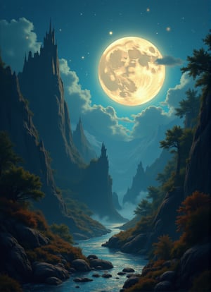 A massive, glowing full moon illuminates a fantastical landscape with towering mountains, enchanted forests, and a distant castle on a cliff. The sky is filled with stars and swirling galaxies. The moon's light casts a magical glow on the land, with ethereal mist rising from the ground. The scene feels otherworldly and mystical, combining elements of fantasy and nature. High-detail, fantasy style.10xRFBoost,cartoonish 3D painting,Fantasy detailers 