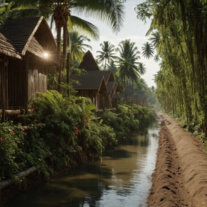 A super ultra clear HD HDR hyper-realistic and hyper-detailed photography, low angle shot of a detailed malay tradisional wooden village houses, plants and bush, coconut trees, dirt road, tiki bamboo fance with miniature flowers, river. cinematic, hyper-realistic, enhanced reflections,  fading light, megapixel cinematic lighting, anti-aliasing, vignette, film grain, SFX, VFX, CGI, RTX, SSAO, FKAA, TXAA, HD HDR, depth of detail, rendered with octane render for realistic lighting and shadow, no blurry, with 12 billion parameters for clarity, texture, and detail.  hyperrealistic,
