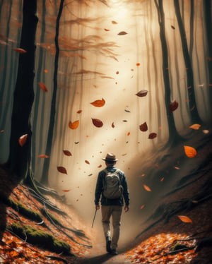 realistic image, vintage style picture, half_body, 1man, dinamic_pose, handsome man walking in forest, autumn leaf drop to the ground, seround by mist, gritty, dusty, fantastical, photohyperrealistic, highly detailed, hyper realistic, with dramatic polarizing filter, sharp focus, HDR, UHD, 64K, 16mm, color graded portra 400 film, remarkable color, ultra realistic,,ABMautumnleaf,Extremely Realistic